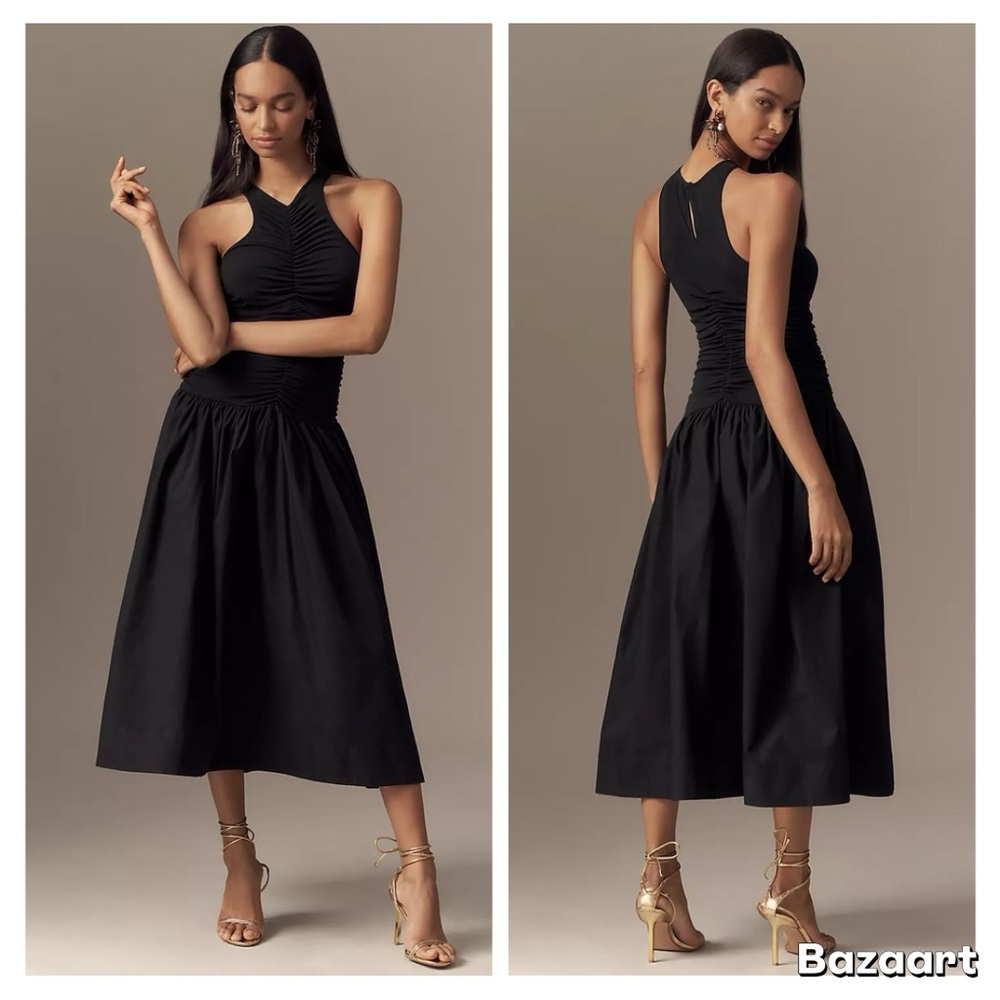 By Anthropologie Twofer Halter Drop-Waist Midi Dress Sz M - Picture 3 of 14